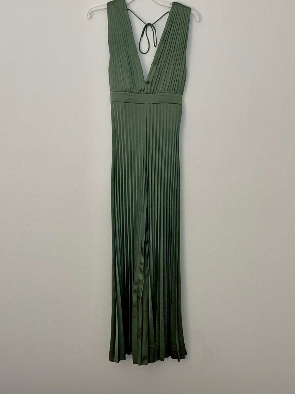 Olive Green Pleated V-Neck Jumpsuit
